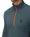 Gray pullover with orange zipper and spider logo on a white background