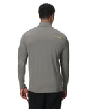 Man wearing a gray long-sleeve shirt with a brand logo on the back, on a white background