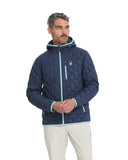 Man wearing a blue quilted jacket with a hood on a white background