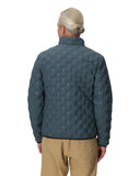 Person wearing a textured blue jacket on a white background