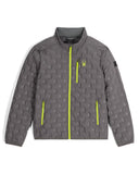 Gray jacket with yellow zippers and a logo on a white background