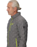 Man wearing a gray jacket with a pattern and bright green accents on a white background