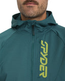 Teal jacket with a brand logo on a white background