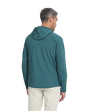 Man wearing a teal hoodie from behind on a white background