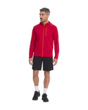 Man wearing a red jacket with a brand logo on a white background