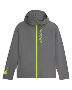 Gray hoodie with green accents on a white background
