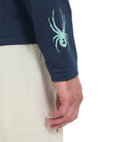 Navy long-sleeve shirt with a light blue spider logo on a white background