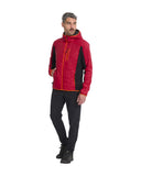 Man wearing a red and black jacket on a white background