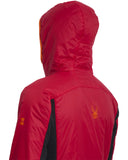 Red jacket with a hood and orange logo on a white background