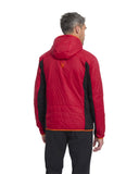Person wearing a red and black jacket on a white background
