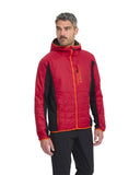 Man wearing a red and black jacket with orange accents on a white background