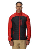 Man wearing a red and black jacket with a brand logo on a white background