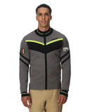 Man wearing a gray jacket with black and yellow accents on a white background