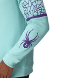 Light blue sweatshirt with purple spider design on sleeve against a white background