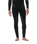 Person wearing black thermal leggings with geometric patterns on a white background