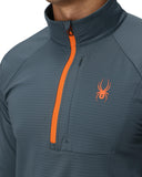 Gray pullover with orange zipper and logo on a white background