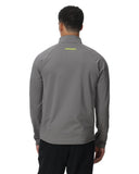Person wearing a gray long-sleeve shirt with a brand logo on the back against a white background