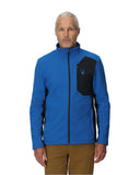 Man wearing a blue jacket with a black patch on a white background