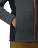 Close-up of a dark gray jacket with an orange zipper and brown pants.