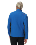 Person wearing a blue jacket with a visible brand logo on the back, standing against a white background.