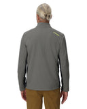 Person wearing a gray jacket with a brand logo on the back, standing against a white background