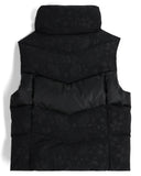 Black puffer vest with a subtle pattern on a white background