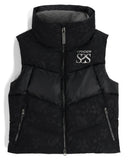 Black puffer vest with a brand logo on a white background