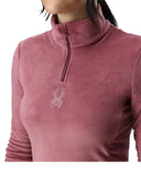 Pink fleece pullover with a logo on a white background