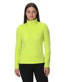Woman wearing a bright yellow long-sleeve athletic top on a white background