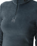Dark gray fleece pullover with a logo on the chest