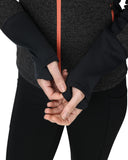 Person wearing black gloves on a white background