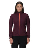 Woman wearing a maroon jacket with a red zipper on a white background
