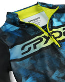 Close-up of a blue and black jacket with a brand logo on a white background