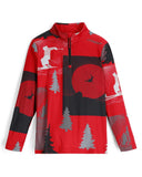 Red long-sleeve shirt with black and gray graphic designs on a white background