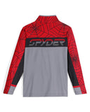 Red and gray long-sleeve shirt with spider web pattern and 'Spyder' branding on a white background