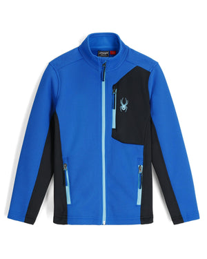 Blue and black jacket with a spider logo on a white background