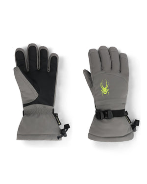 Pair of gray gloves with black accents and a logo on a white background