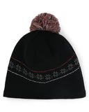 Black beanie with a patterned band and pom-pom on a white background