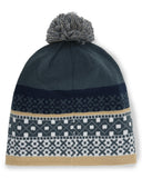 Knitted beanie with pom-pom and patterned design on a white background