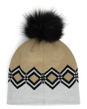 Beige knit beanie with black diamond pattern and black faux fur pom-pom on a white background