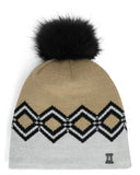 Beige and gray knit beanie with black diamond pattern and black pom-pom on a white background