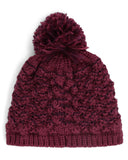 Maroon knit beanie with pom-pom on a white background