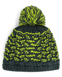 Knitted beanie with green and gray pattern on a white background