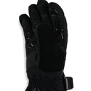 Close up of a black glove on a white background.