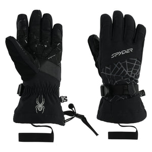 A pair of black Spyder kids' gloves with textured grip treatment and a visible logo on the backhand.