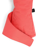 Close-up of a coral-colored baby carrier with quilted texture on a white background