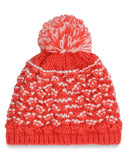 Red knitted beanie with a white pom-pom on a white background