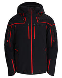 Black jacket with red accents on a white background