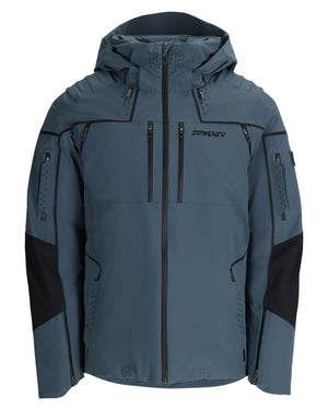 Blue jacket with black accents on a white background