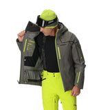 Person wearing a gray and green jacket with a white background